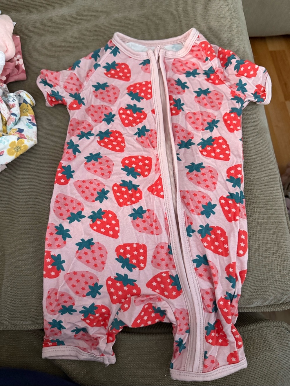 Pink Strawberry Print bamboo Zip Romper